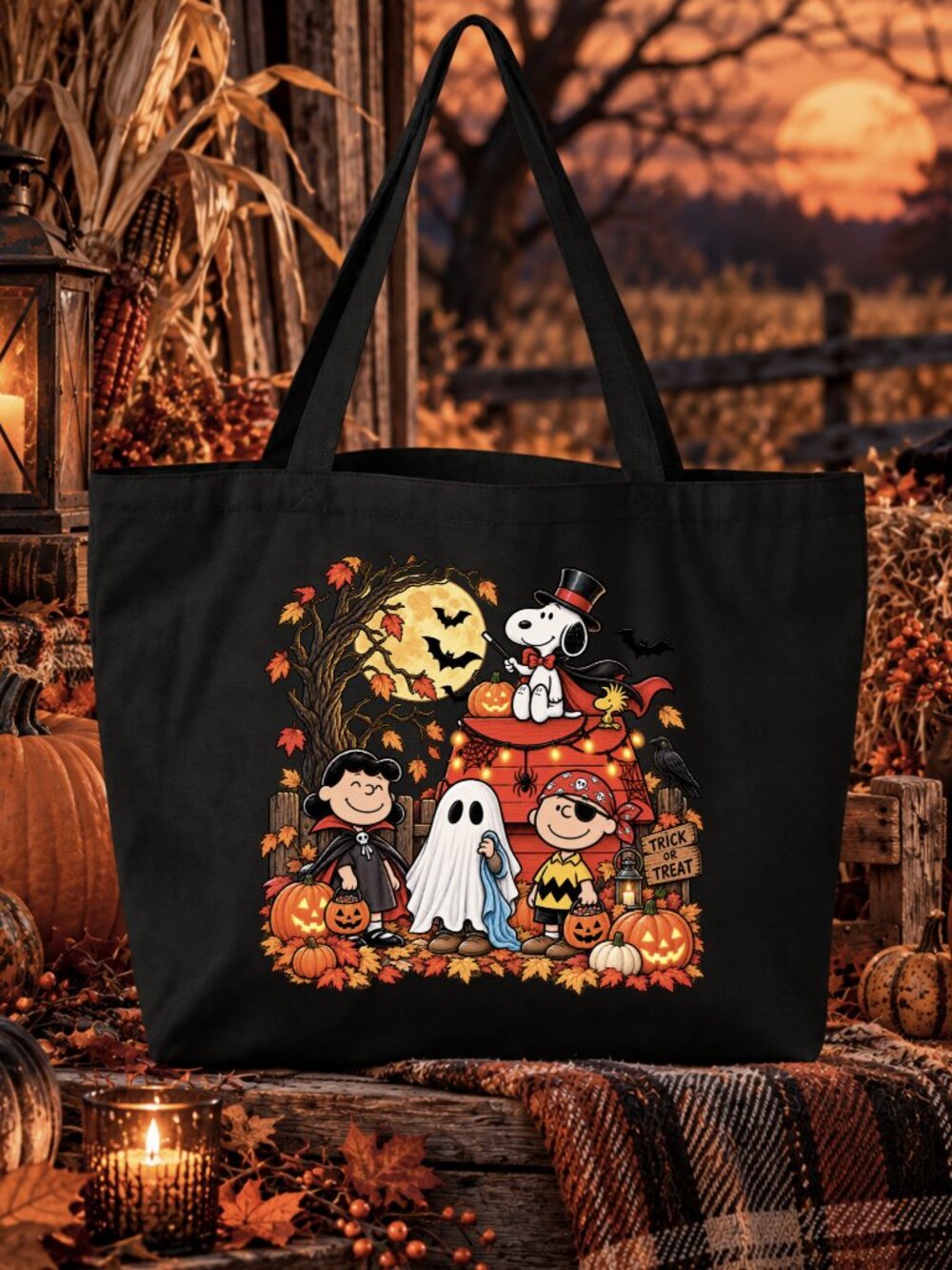 Peanuts Halloween Bag Graphic Reusable Canvas Tote Bag Cozy Fall Trick Or Treat
